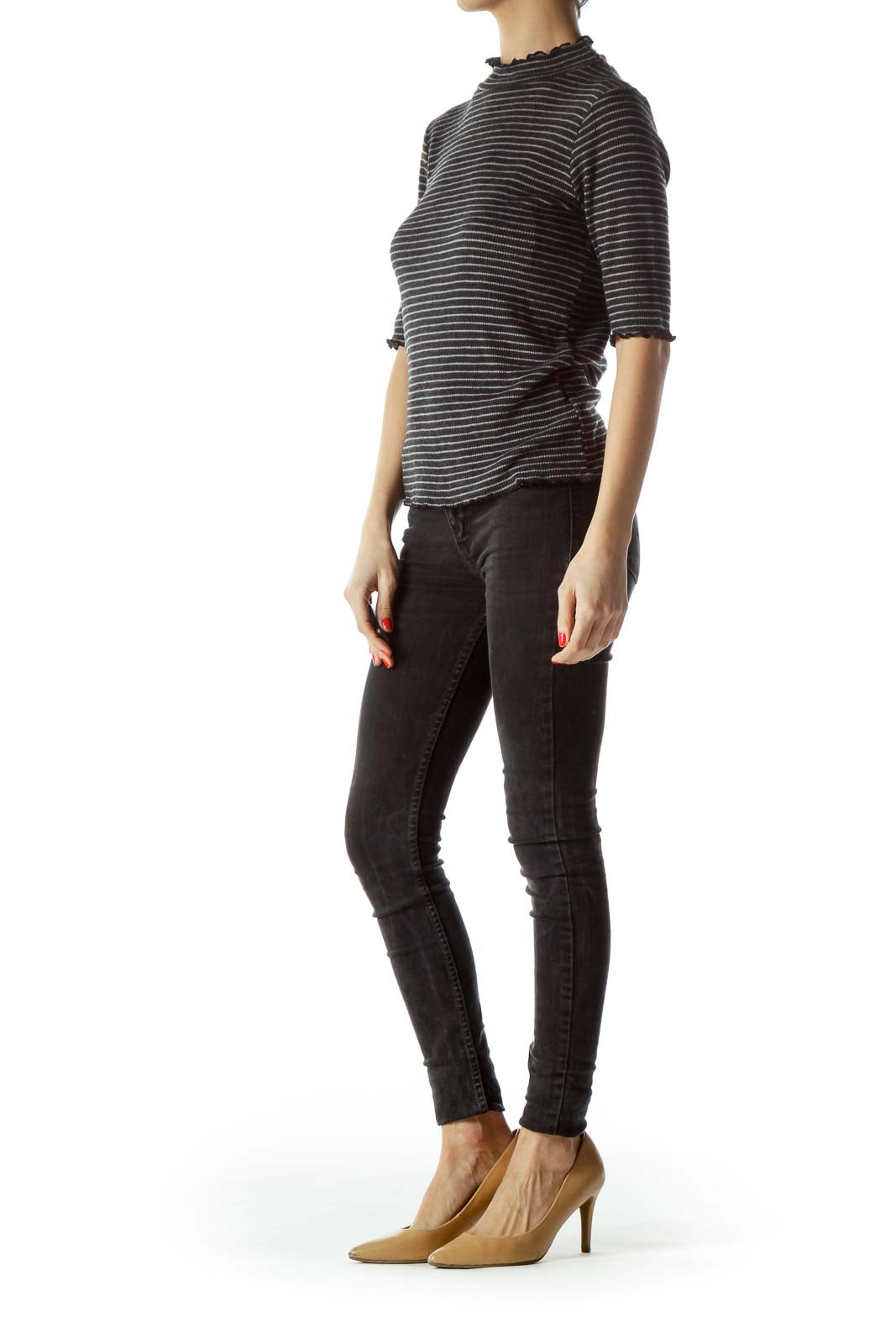 Black Gray Striped 3/4 Sleeve Knit Top