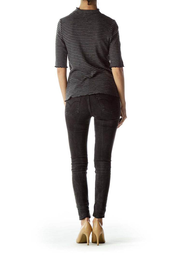 Black Gray Striped 3/4 Sleeve Knit Top