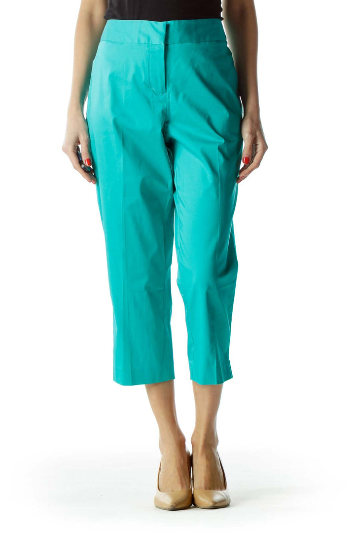 Front view of DKNYC turquoise cropped wide-leg pants