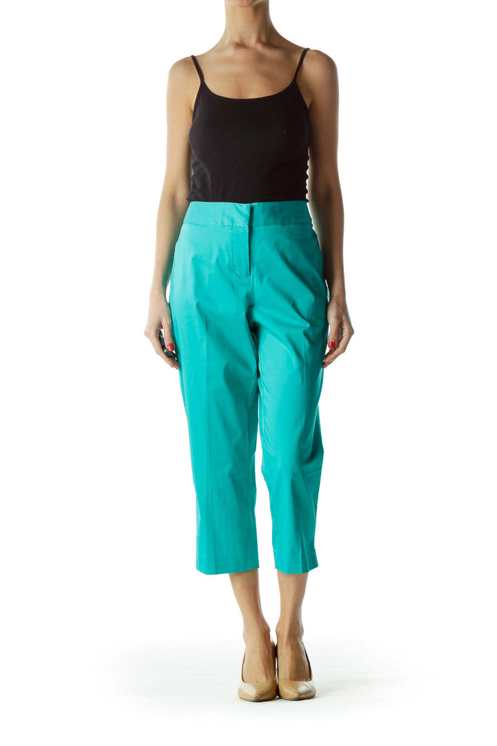 Front view of DKNYC turquoise cropped wide-leg pants