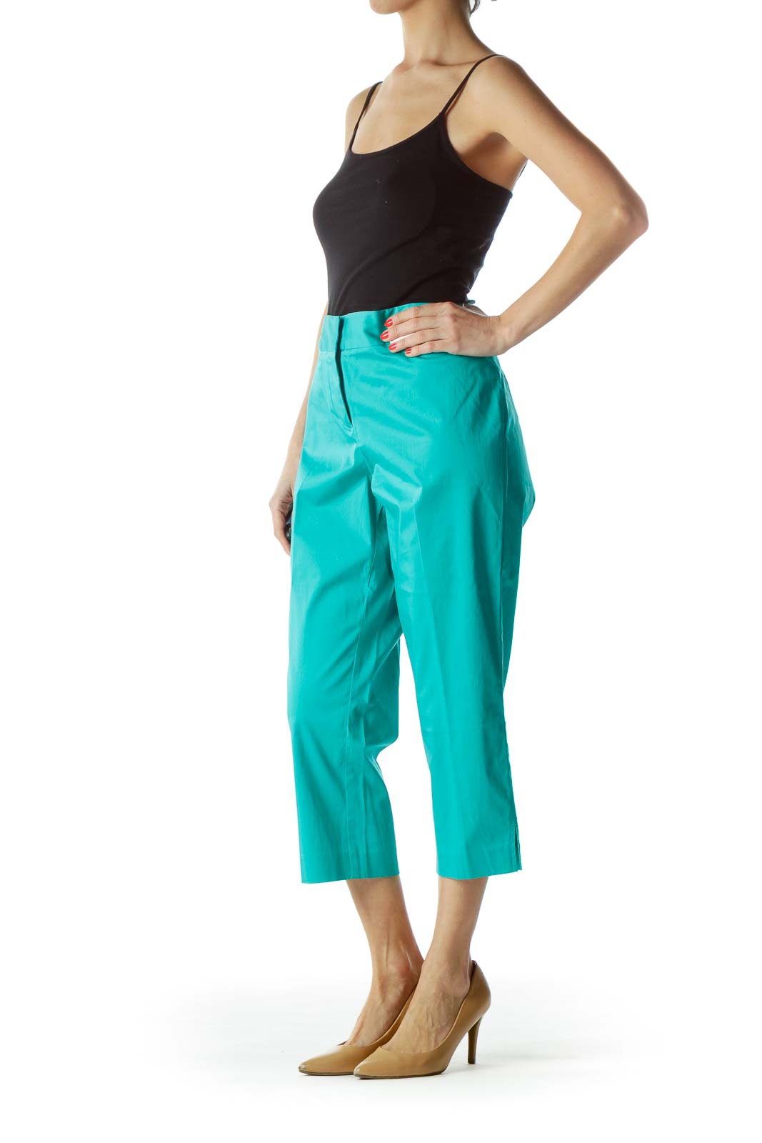 Front view of DKNYC turquoise cropped wide-leg pants