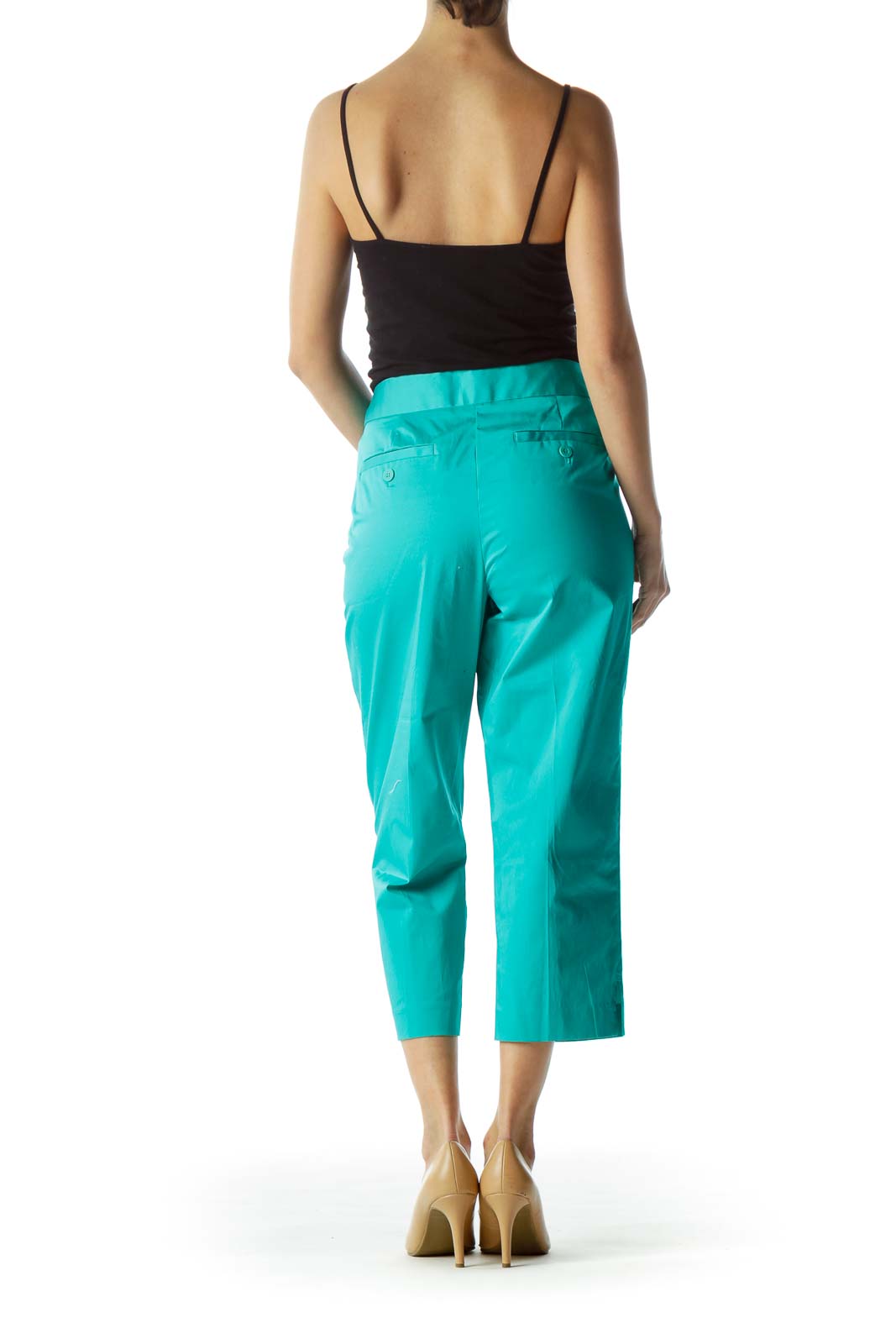 Back view of DKNYC turquoise cropped wide-leg pants