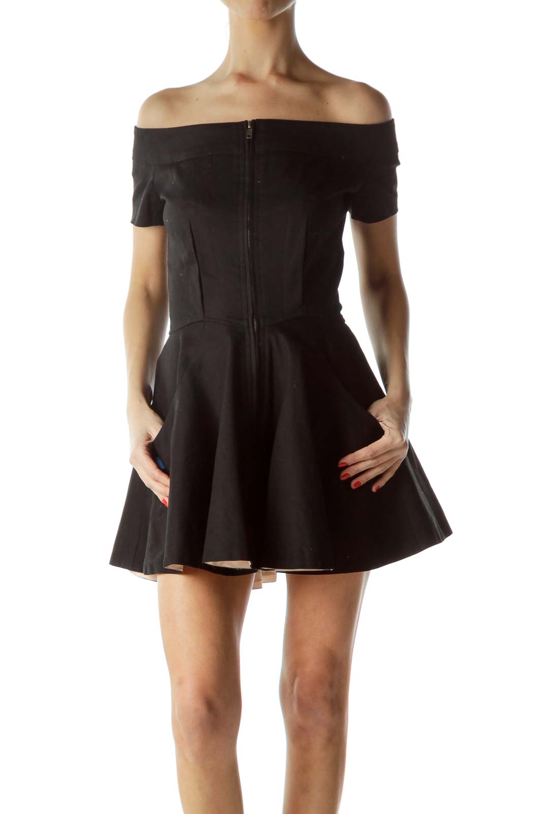 Front view of black off-shoulder mini dress with fitted bodice and flared skirt