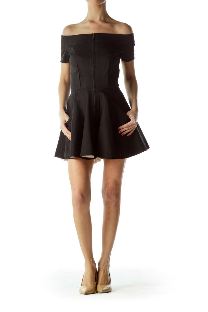 Front view of black off-shoulder mini dress with fitted bodice and flared skirt