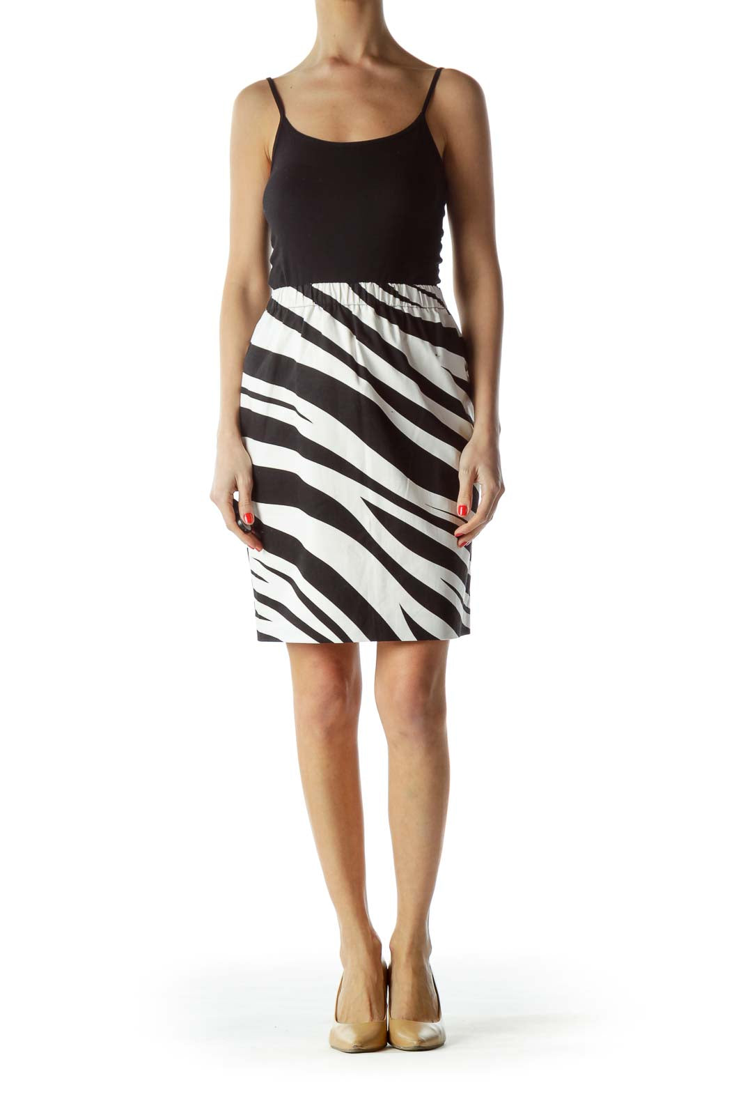 Front view of Club Monaco black and white zebra print pencil skirt