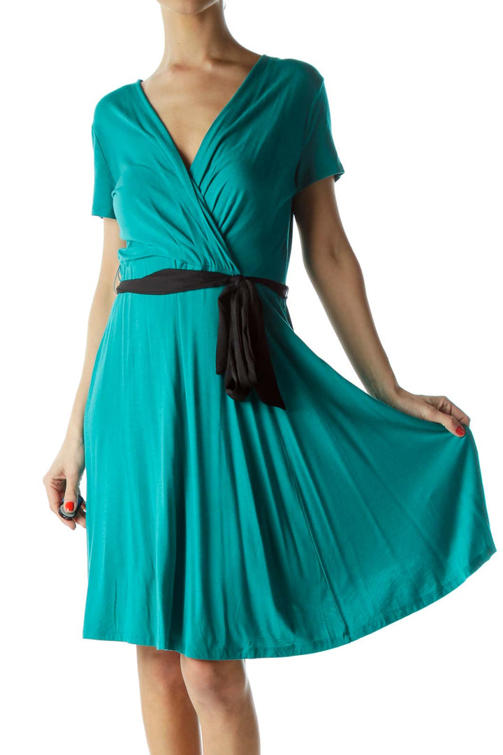 Turquoise V-Neck Jersey Dress