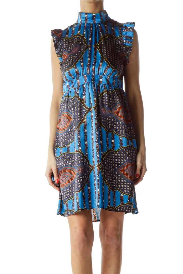 Blue Printed High-Neck Vintage Dress