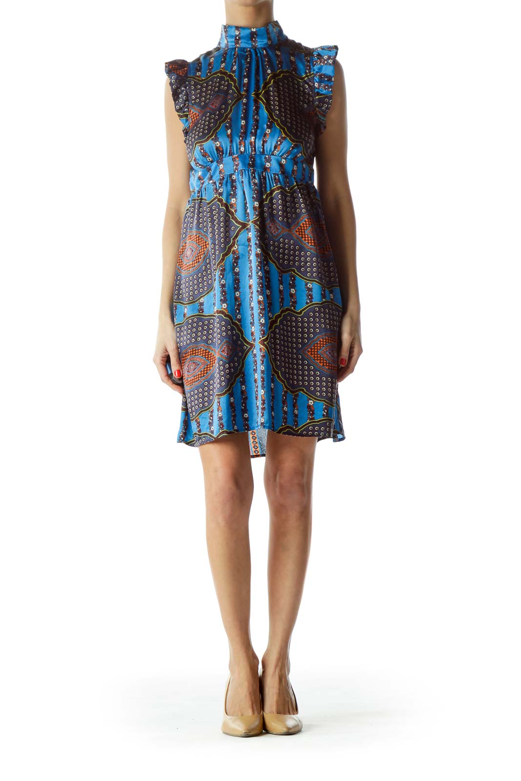 Blue Printed High-Neck Vintage Dress