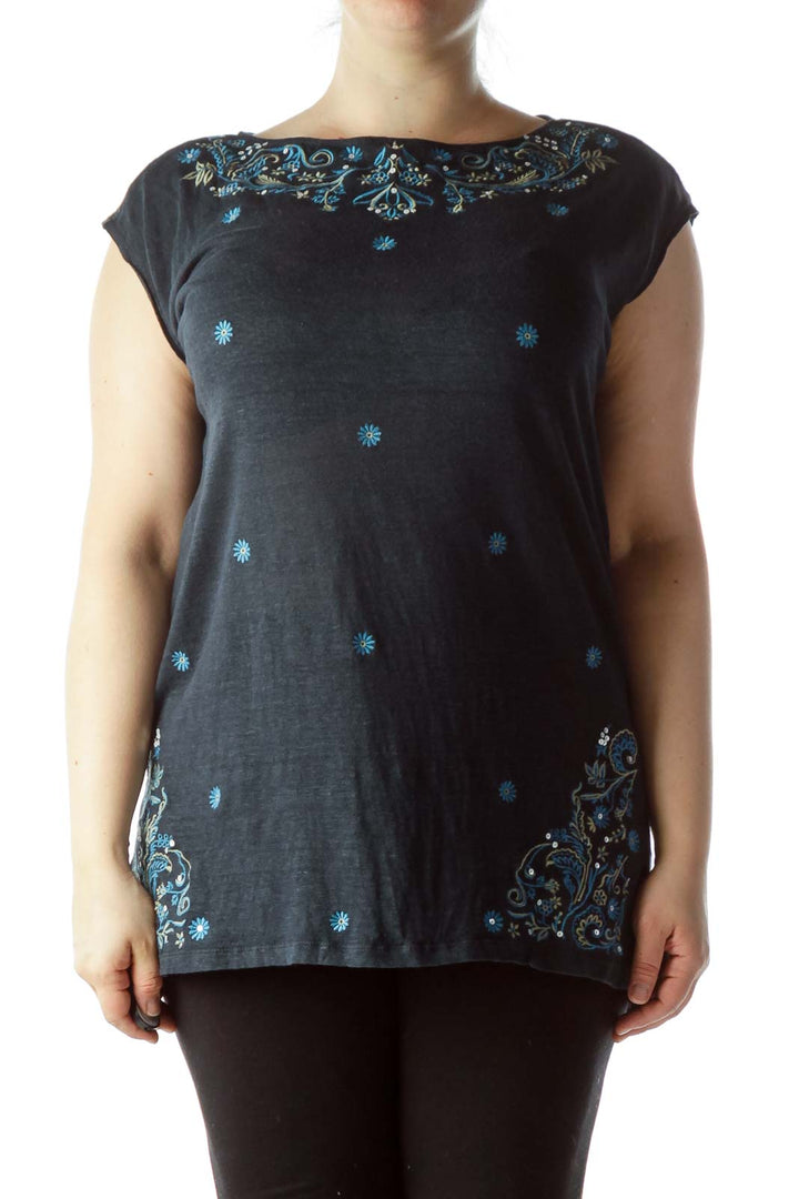 Blue Floral Embroidered 100% Linen Knit Top