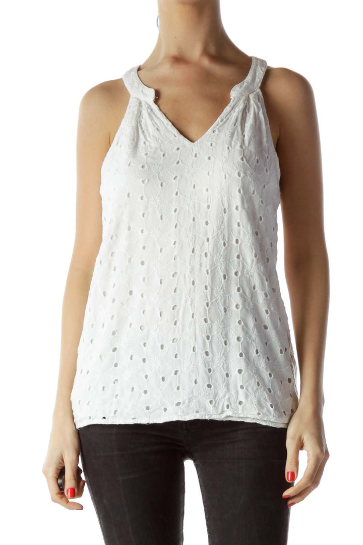 White Sleeveless V-Neck Flared Embroidered Top