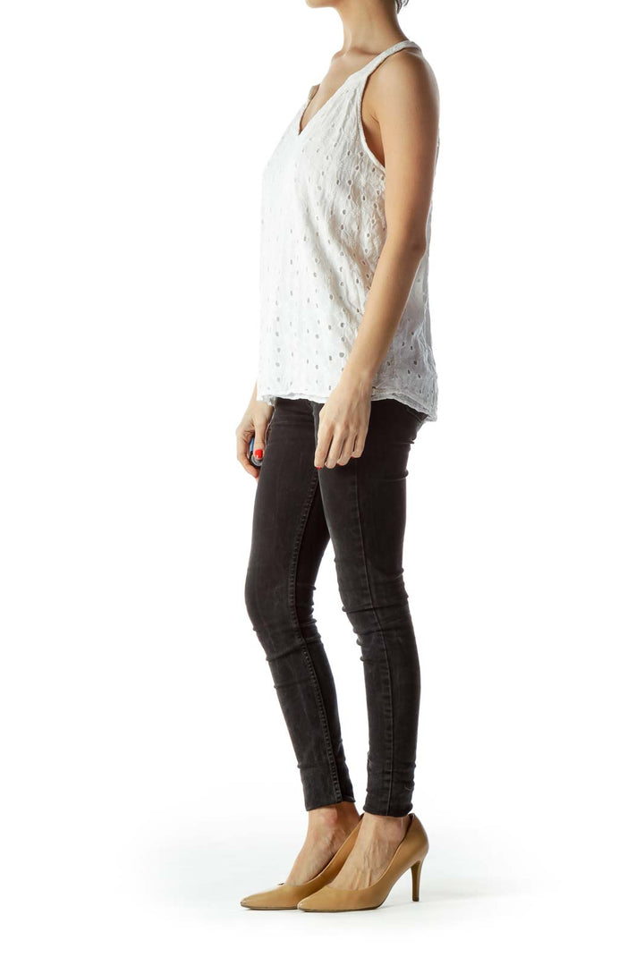 White Sleeveless V-Neck Flared Embroidered Top