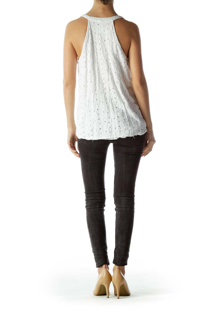 White Sleeveless V-Neck Flared Embroidered Top