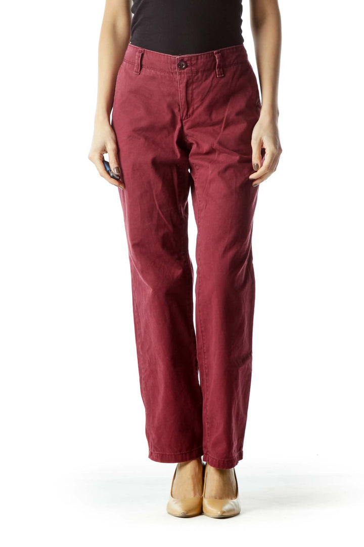 Front view of Eddie Bauer burgundy straight-leg chino pants