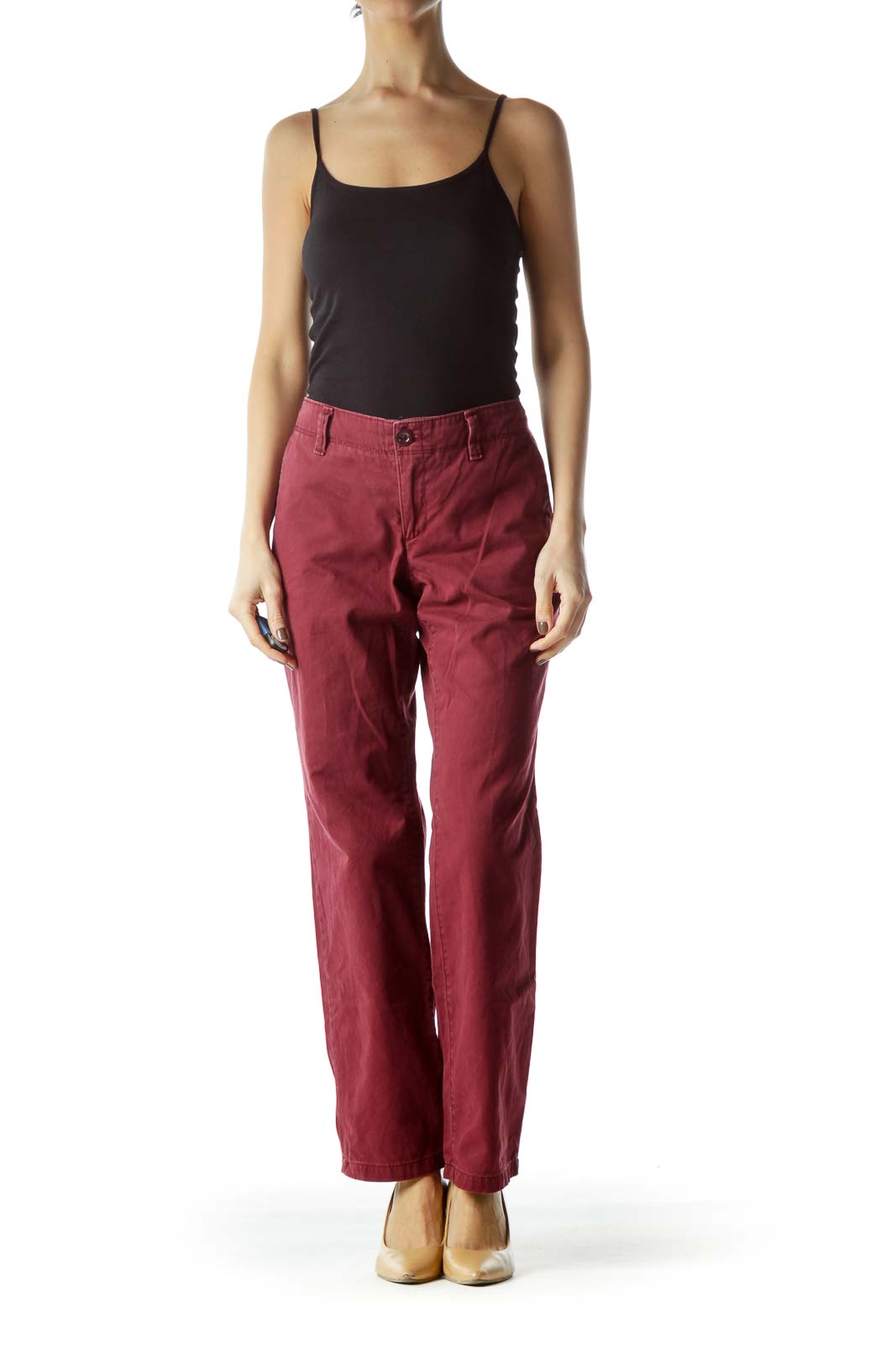 Front view of Eddie Bauer burgundy straight-leg chino pants