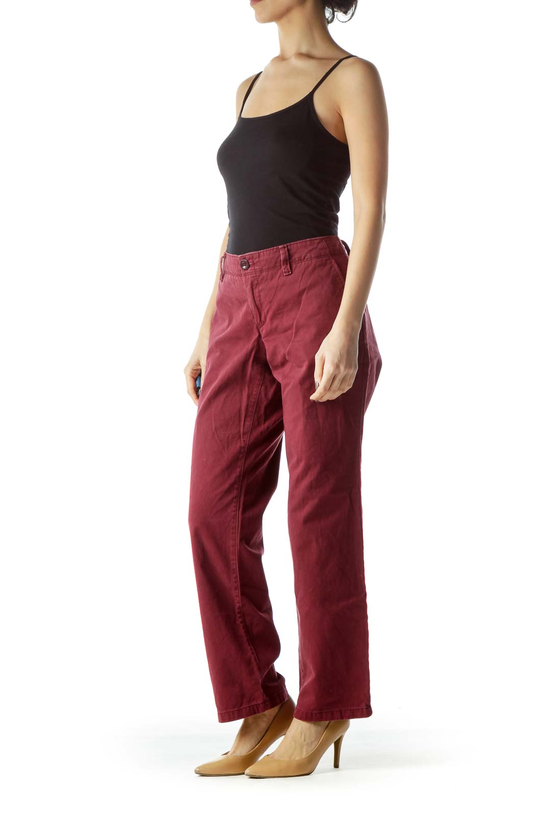 Front view of Eddie Bauer burgundy straight-leg chino pants