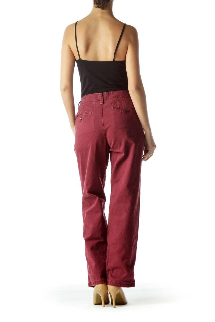 Back view of Eddie Bauer burgundy straight-leg chino pants with rear pockets