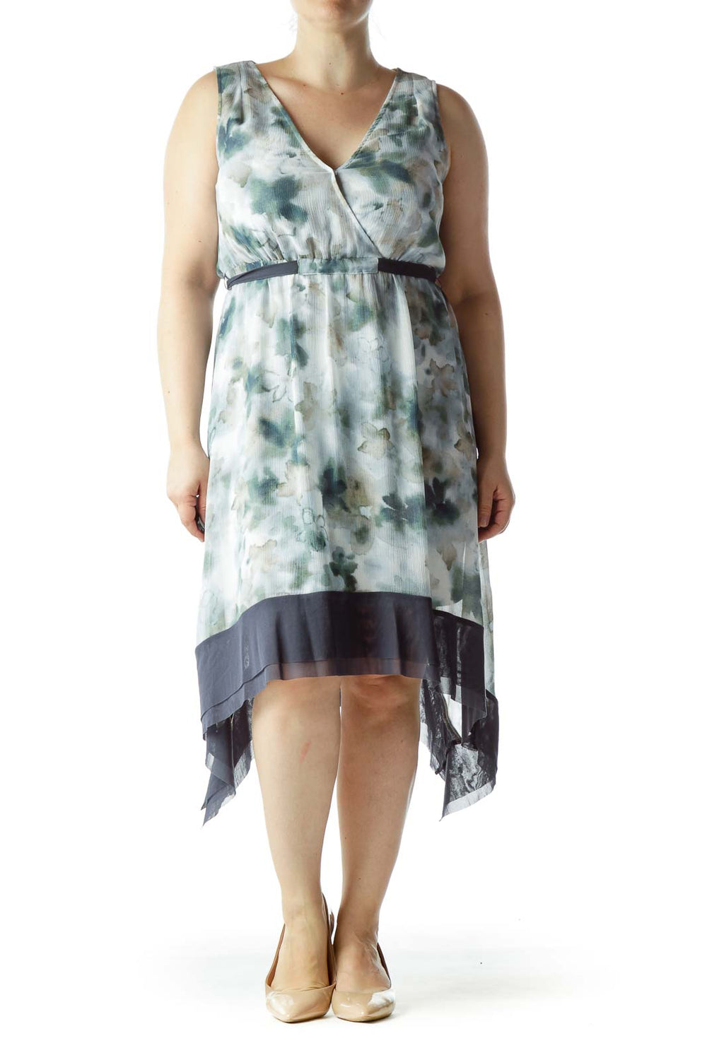 Front view of Simply Vera Vera Wang green floral watercolor high-low dress with wrap bodice and navy belt