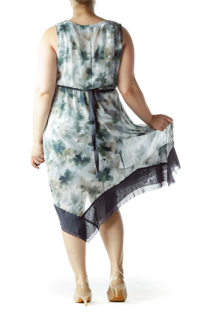 Back view of Simply Vera Vera Wang green floral watercolor high-low dress showing flowing silhouette and high-low hemline