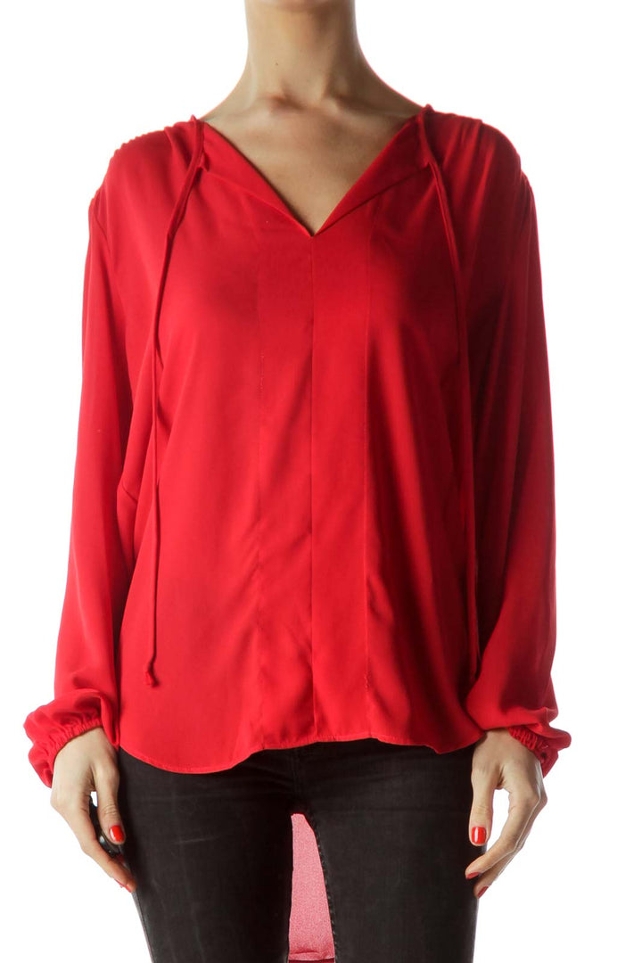 Red V-Neck Long Sleeve Blouse