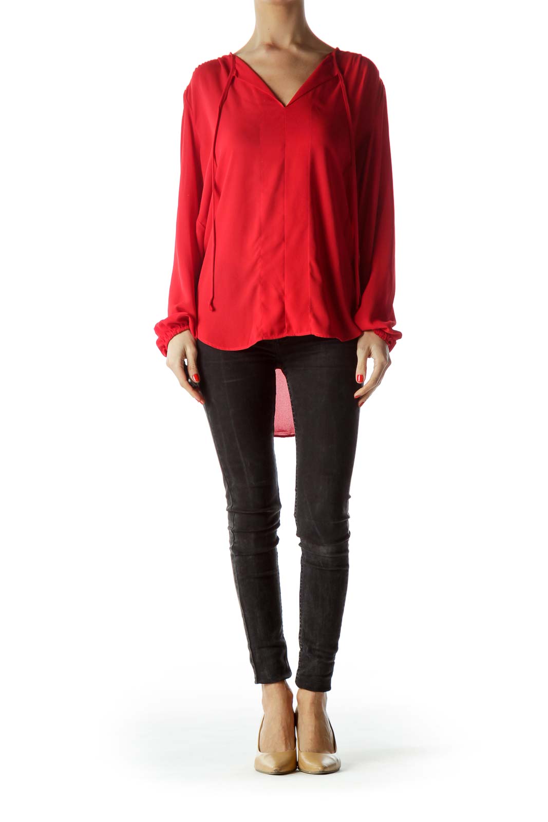 Red V-Neck Long Sleeve Blouse