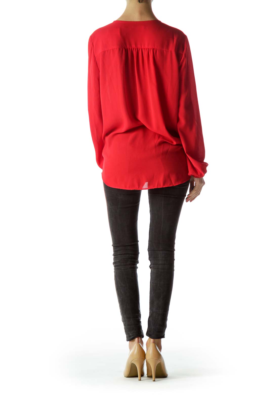 Red V-Neck Long Sleeve Blouse