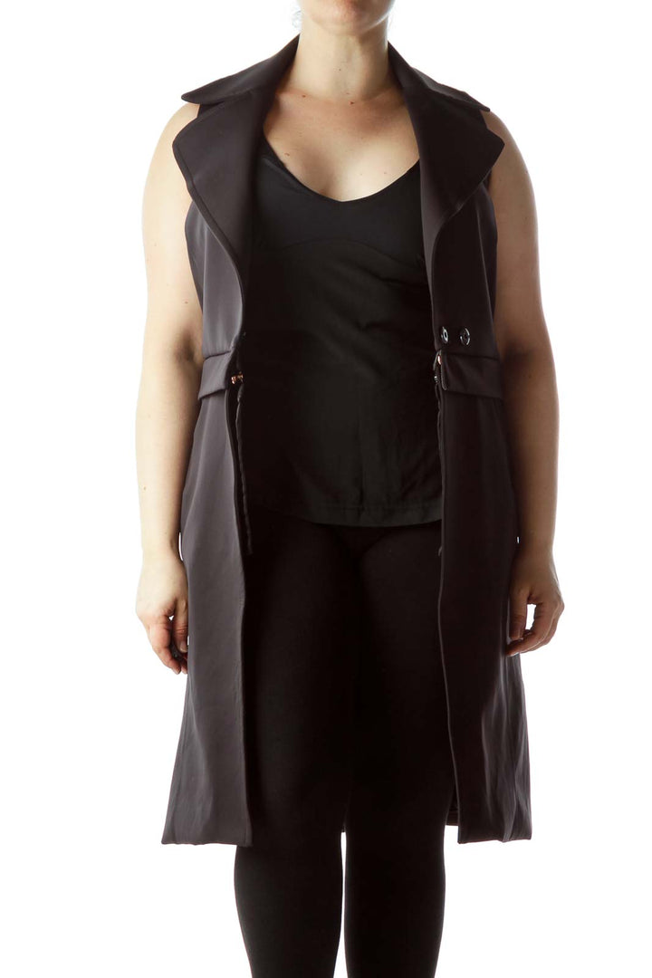 Black Sleeveless Zippered Long Vest