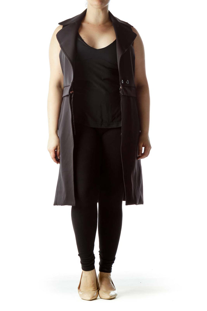 Black Sleeveless Zippered Long Vest