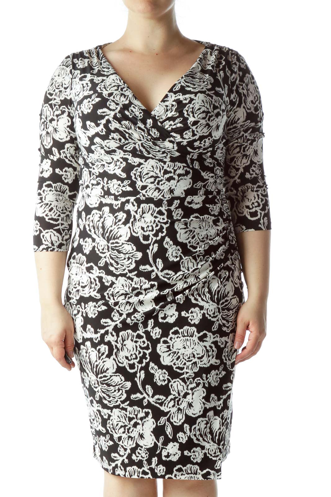 Front view of Lauren Ralph Lauren Black and White Floral Wrap Dress