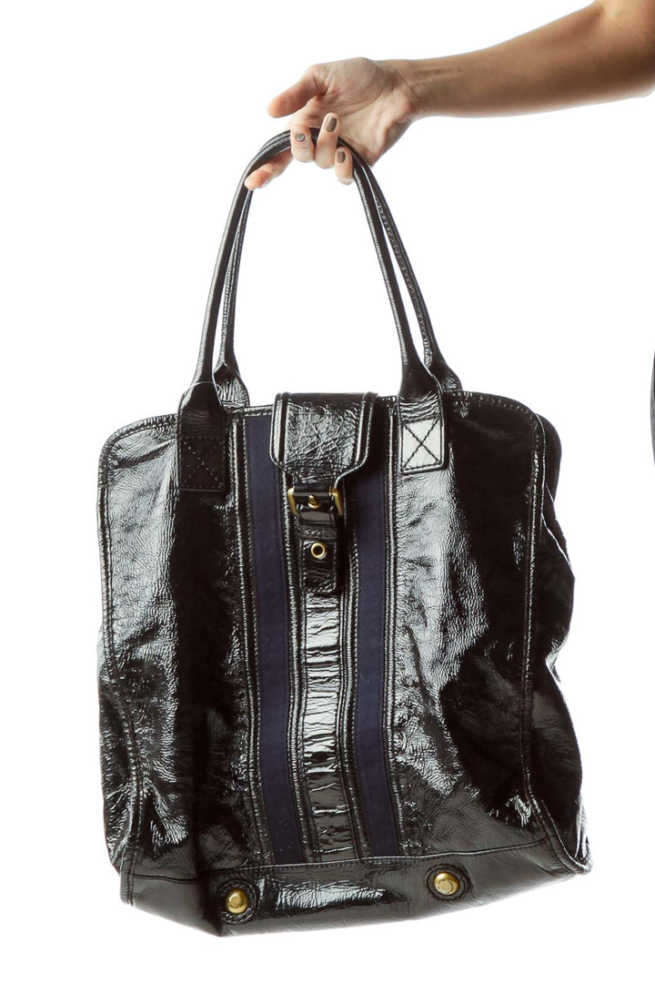 Black Blue Patent Buckle Hardware Tote Bag