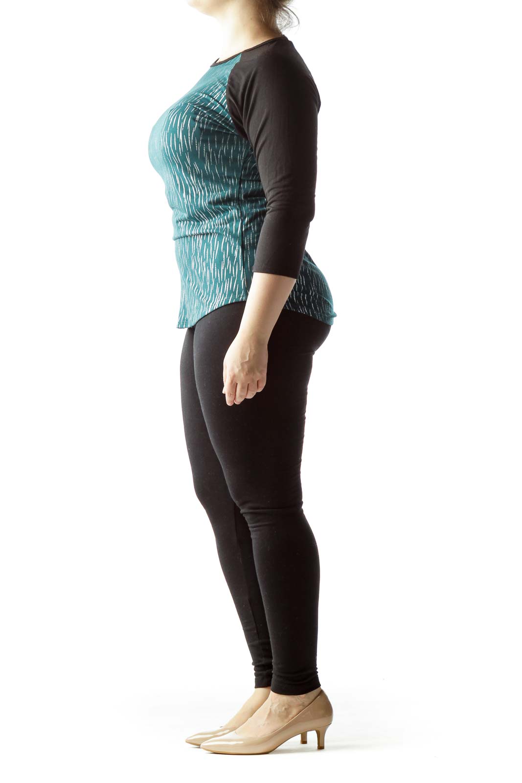 Front view of Lula Roe teal patterned raglan sleeve top with black sleeves