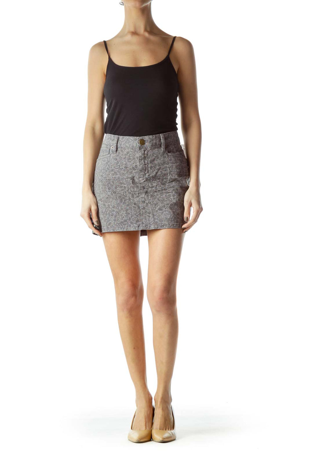 Front view of BCBGeneration gray floral print mini skirt