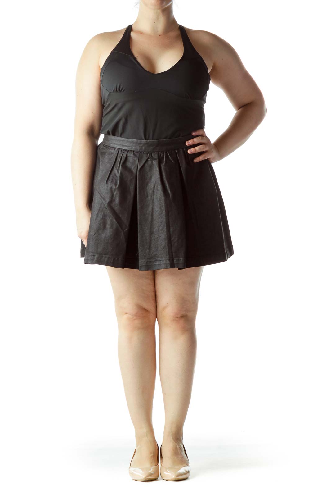 Front view of BCBGeneration black pleated mini skirt