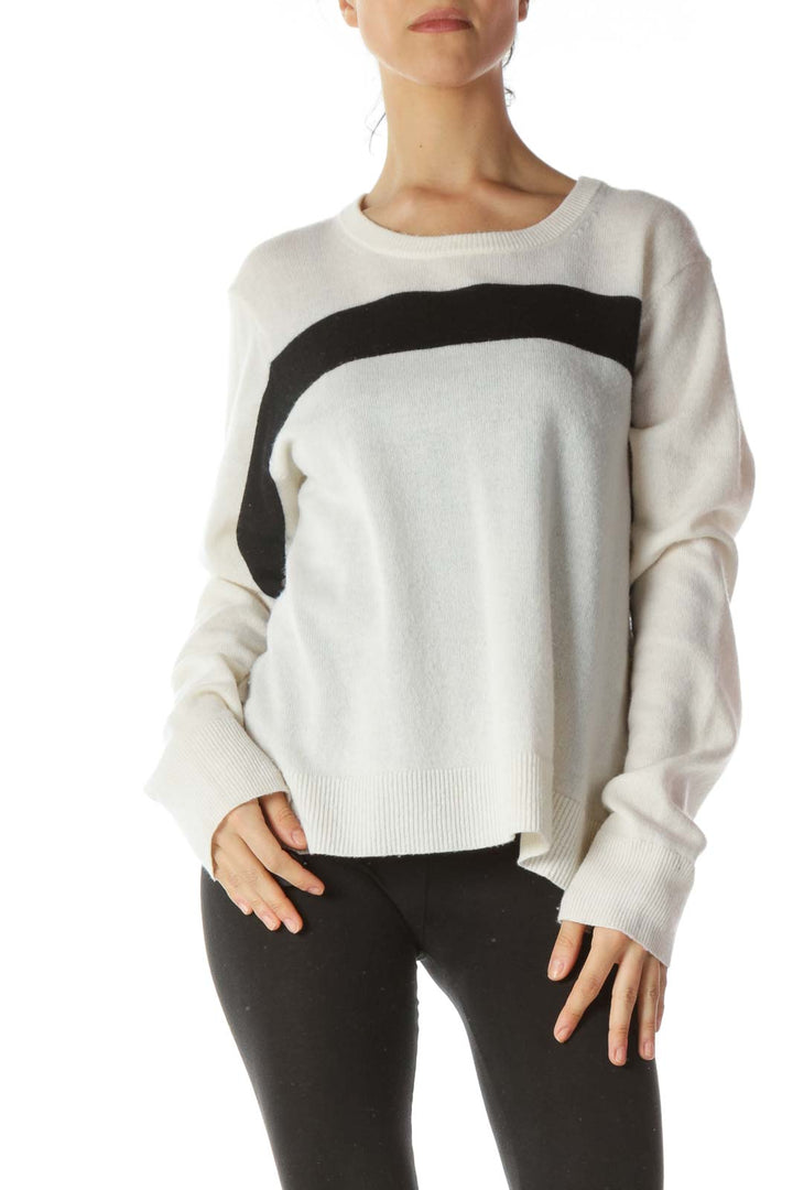 Cream Black Front Stripe 100% Cashmere Sweater