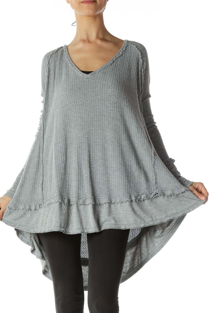 Gray Raw Trim Details Soft Textured Knit Top