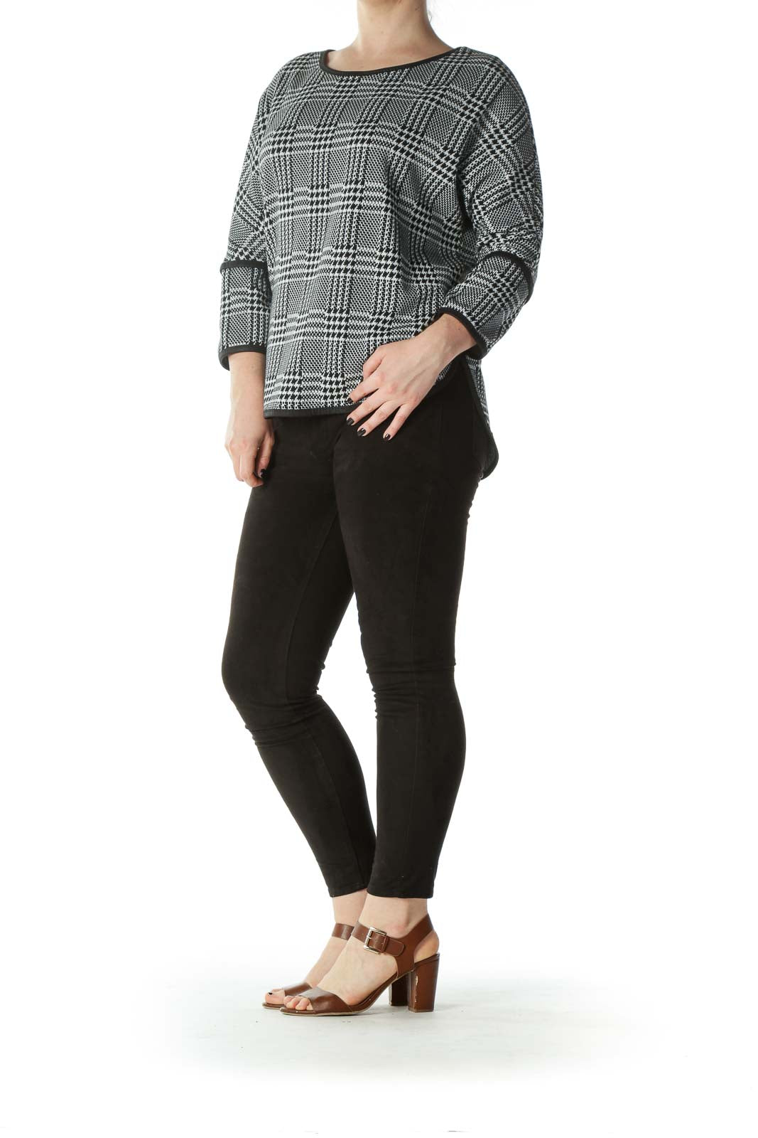 Black White Houndstooth Patterned Knit Top