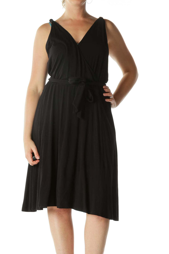 Black Surplice Neckline Belted Flared Day Dress