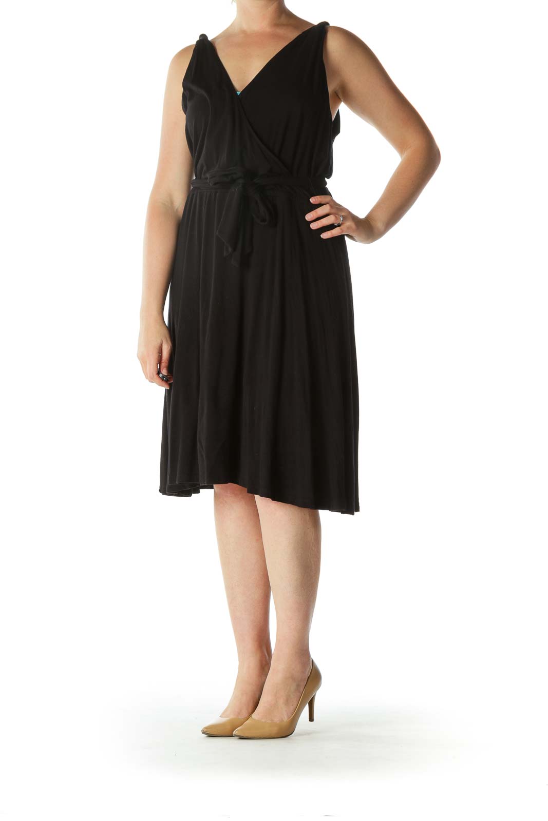 Black Surplice Neckline Belted Flared Day Dress