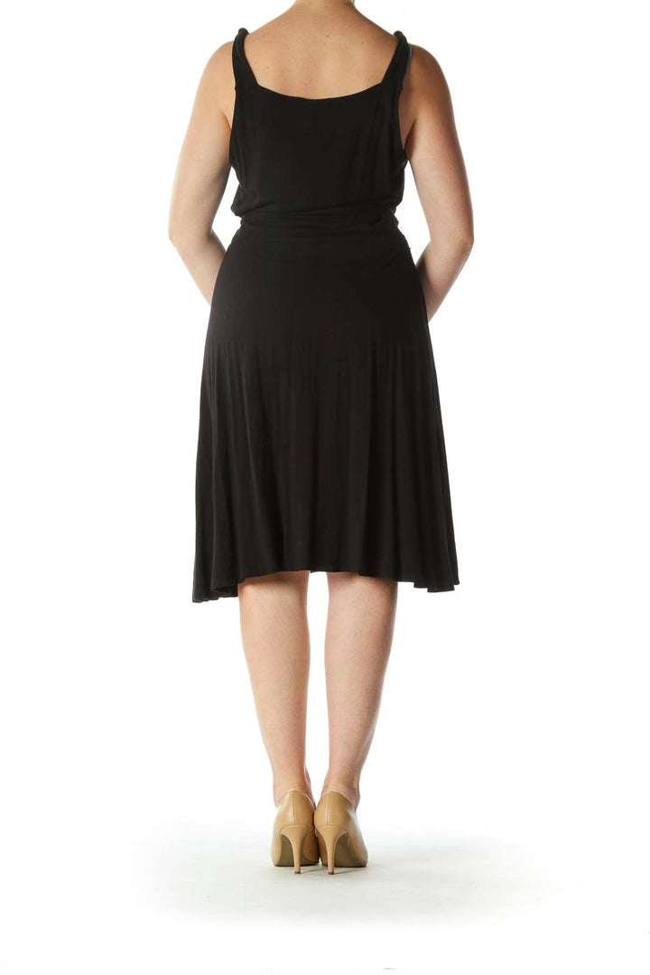 Black Surplice Neckline Belted Flared Day Dress