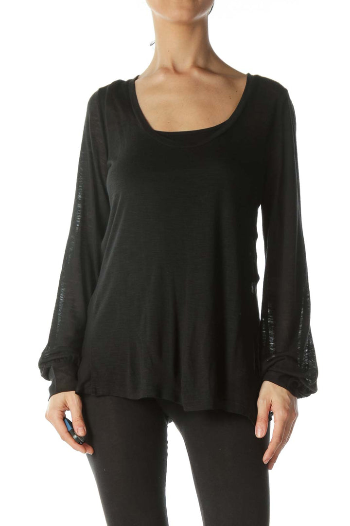 Black Chiffon-Bow Open-Back Thin See-Through Top