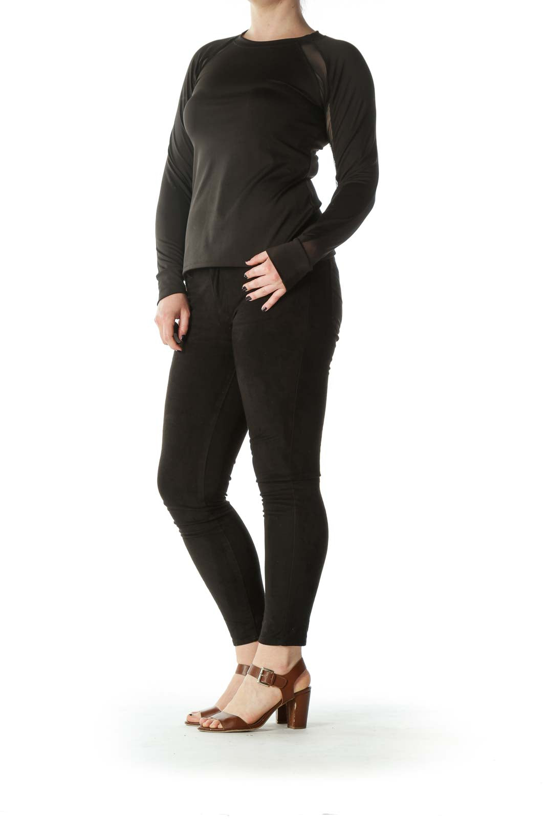 Black Mesh Arm Detail Long Sleeve Sports Top