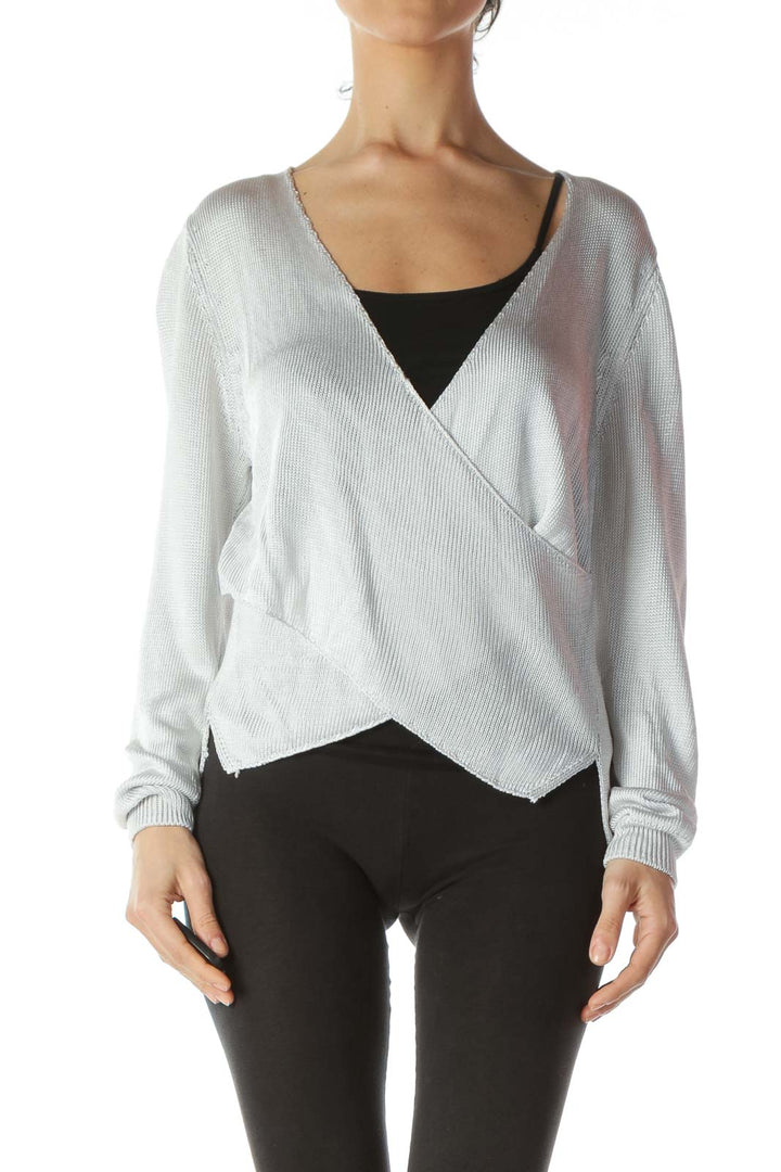 Silver V-Neck Wrap See-Through Knit Top