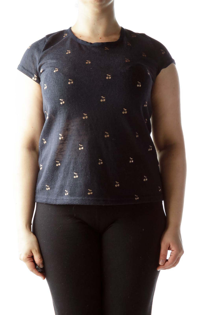 Navy Blue Gold Printed Cherries Short Sleeve Knit Top