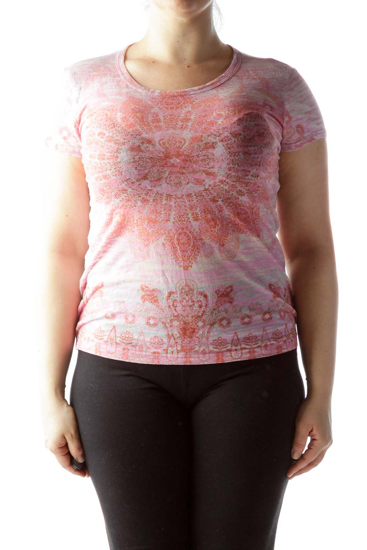 Pink Orange Printed Short Sleeve Sports T-Shirt