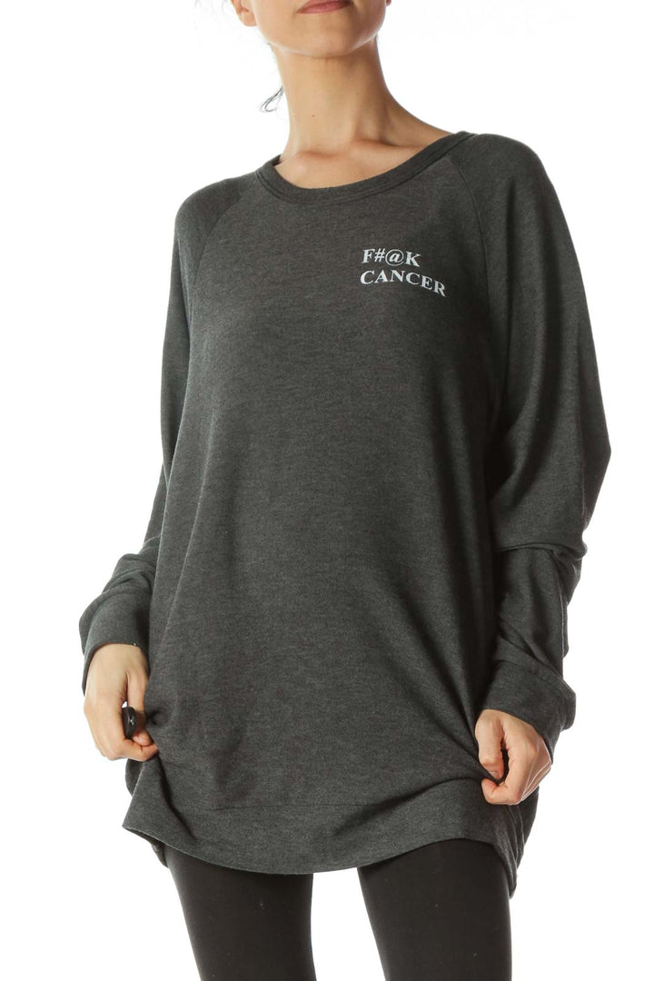 Gray Soft Round-Neck Front-Text Sweatshirt