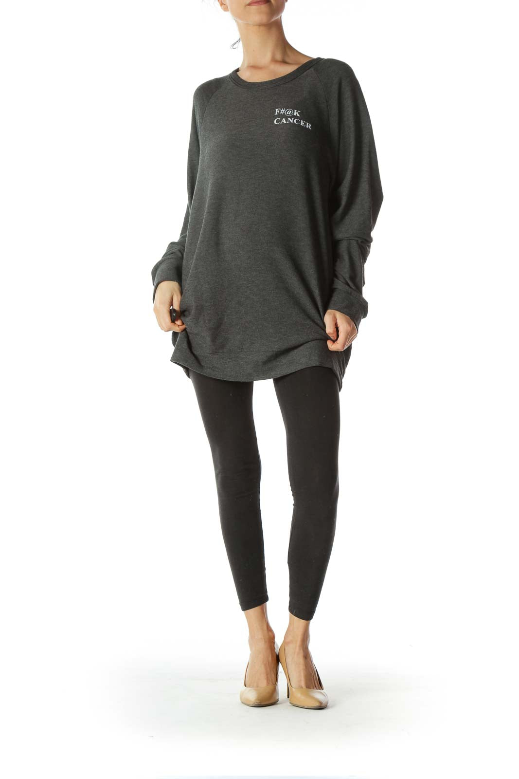 Gray Soft Round-Neck Front-Text Sweatshirt