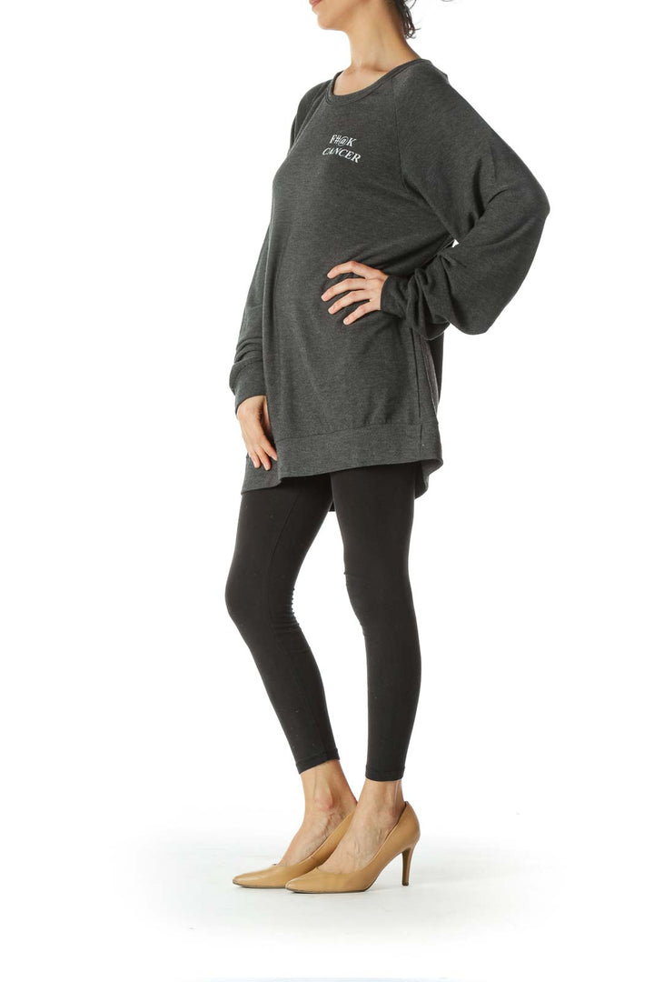 Gray Soft Round-Neck Front-Text Sweatshirt