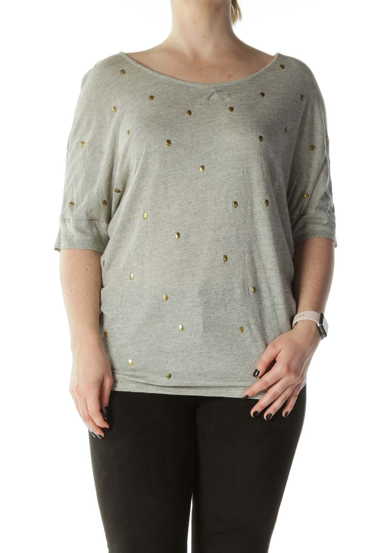 Beige Gold-Skull-Studs Knit T-Shirt