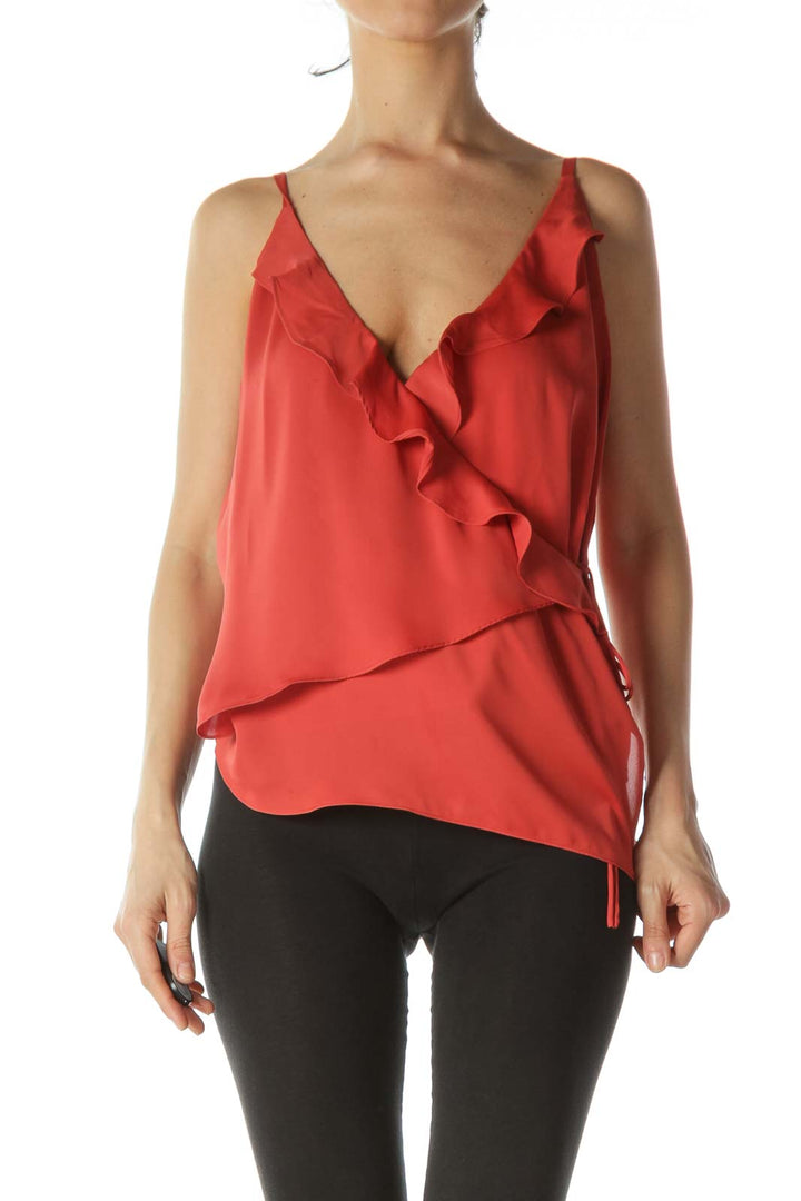 Brick-Orange Wrap Flared-Detail Blouse