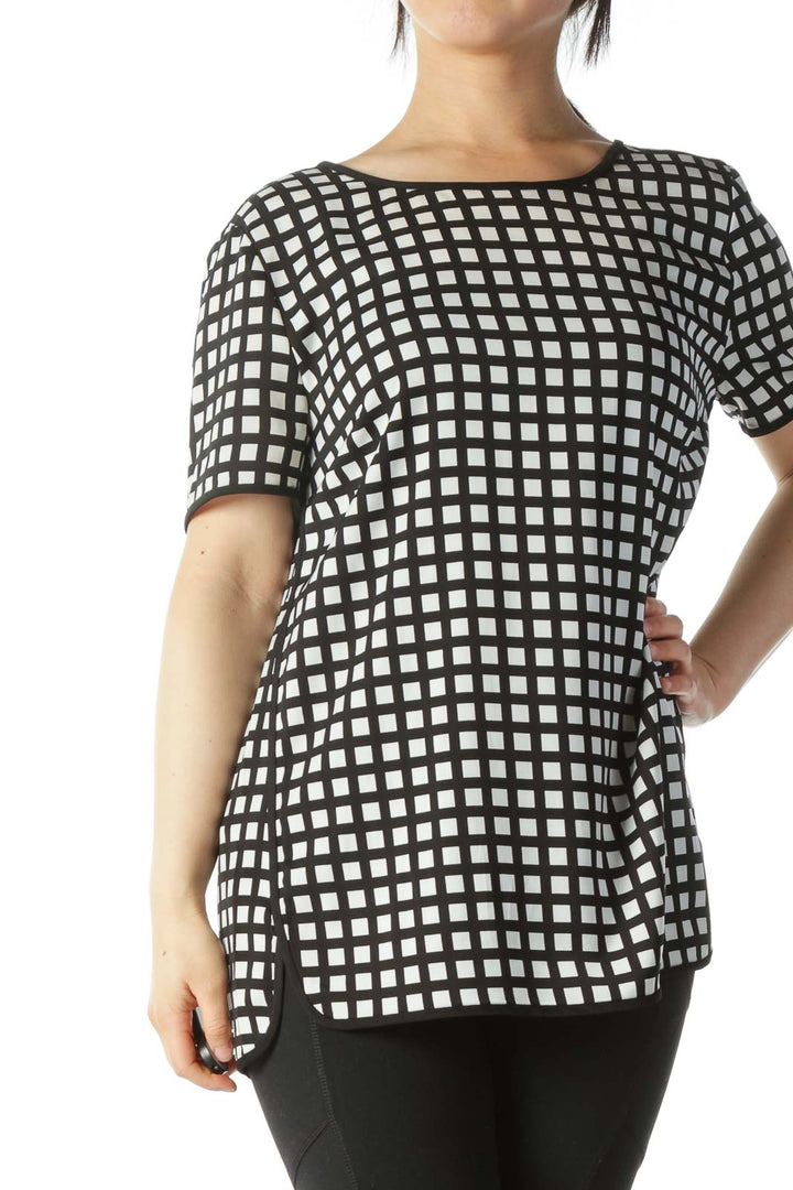 Black White Geometric Print Short-Sleeve Blouse