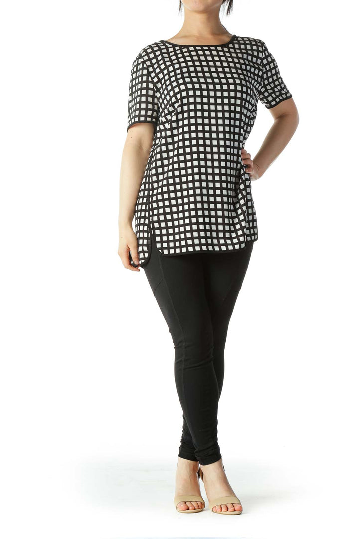 Black White Geometric Print Short-Sleeve Blouse